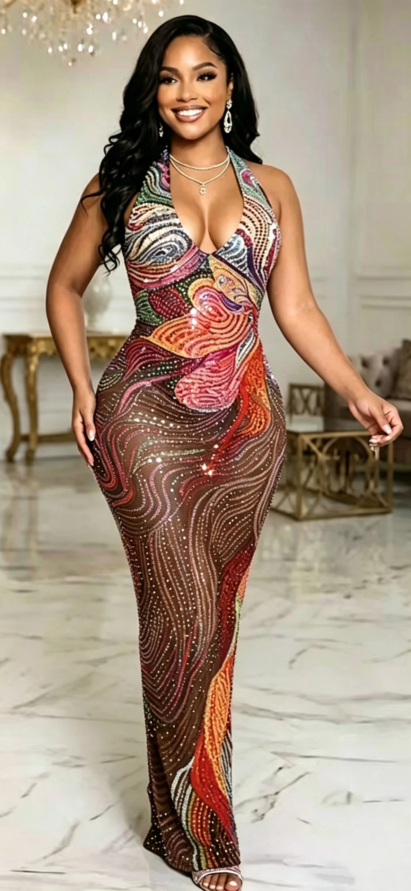 ZD ZD Plus Size Sexy Sheer Mesh Dress with Low Back & Colorful Rhinestones - Glamorous Nightclub & Party Gown for Women