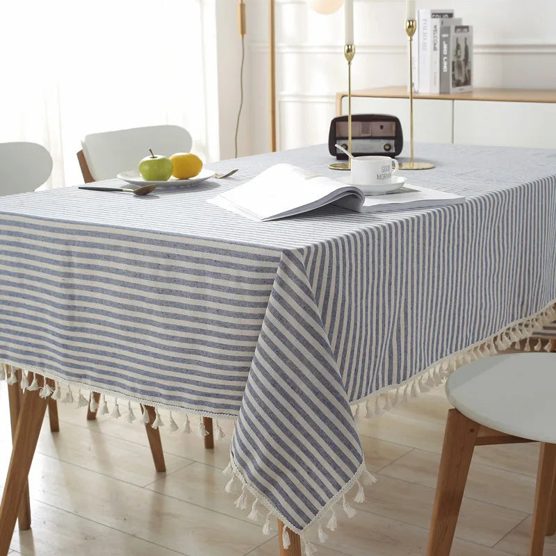 STRIPED TASSEL TABLECLOTH - Gingham Polyester, Tassel Fringe - Laid Tables