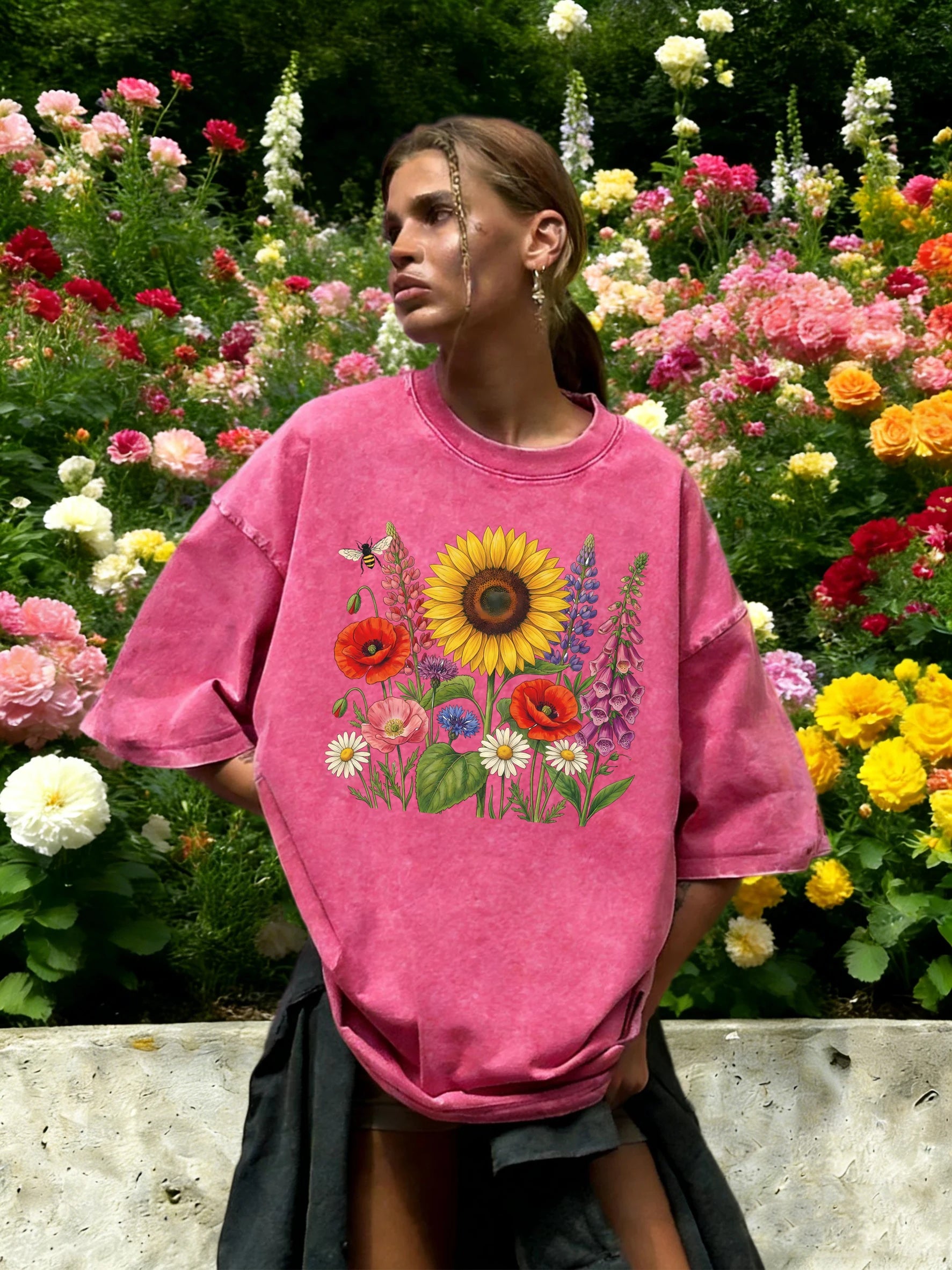 Colorful Sunflowers Beautiful Flowers Printed Washed T-Shirt Women O-Neck Cotton T Shirt Loose Clothes Vintage Summer Sportswear
