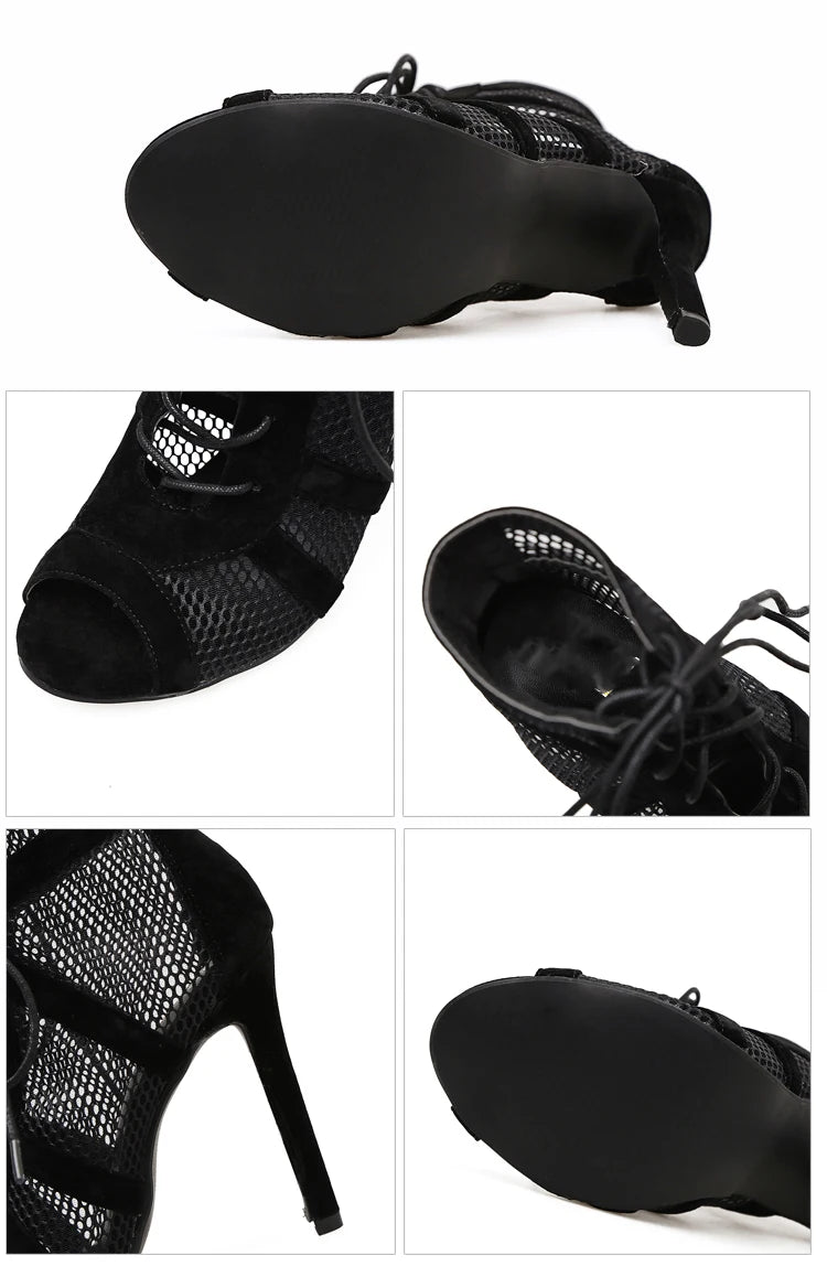 Black Sexy Lace Up Cross-tied Women Shoes Comfort High Quality Thin Heels Open Toe Dancing Sandals Ankle Strap Hollow Out Pumps