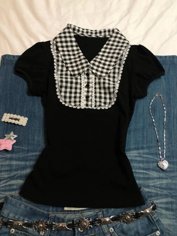 Y2k Vintage Short Sleeve T-Shirt Plaid Print Polo Top Women Casual American Retro Slim Fit Button Patchwork Spring Summer