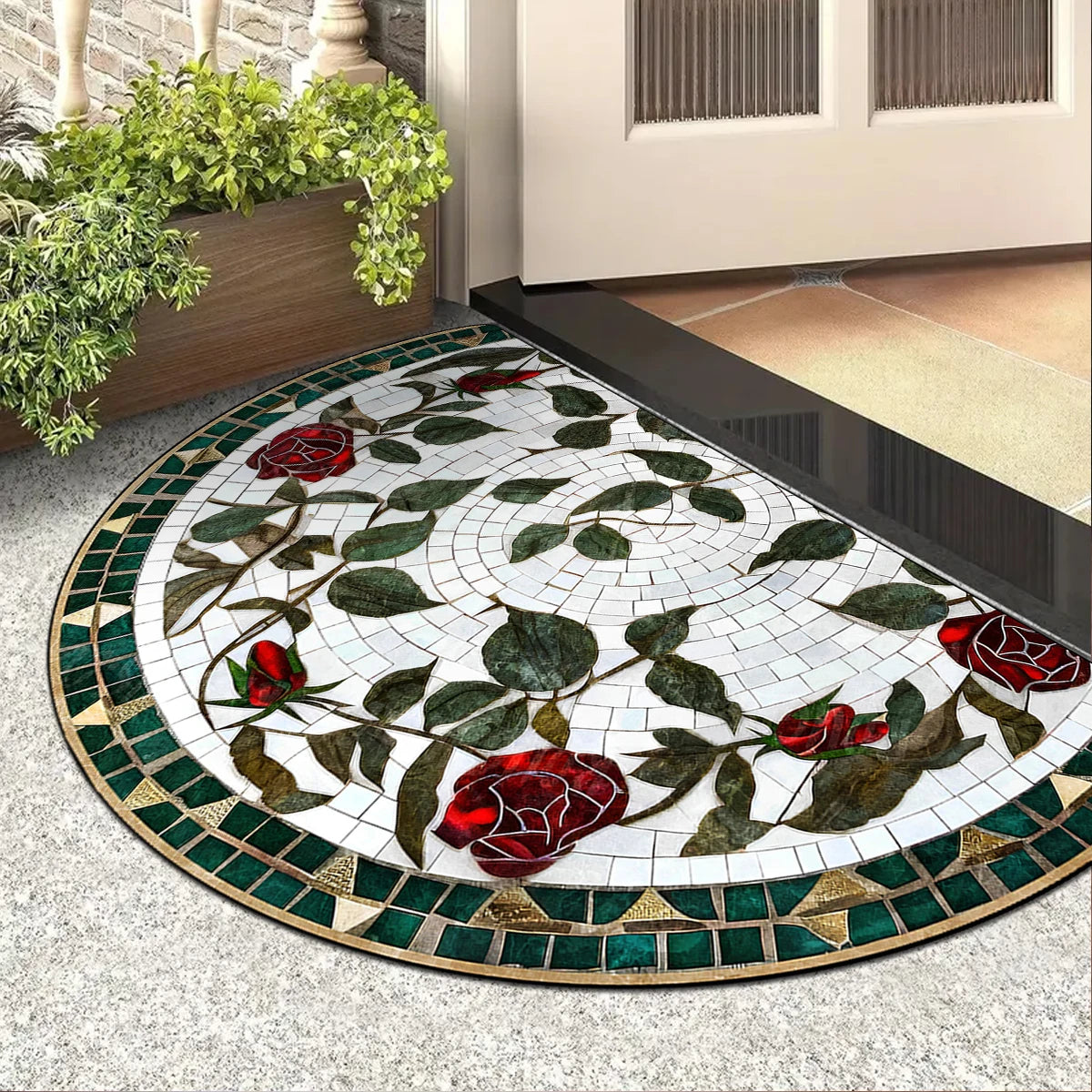 FLORAL SEMI-CIRCLE DOORMAT - Short-Loop Polyester, 8 Patterns & 9 Sizes - Soft Entries