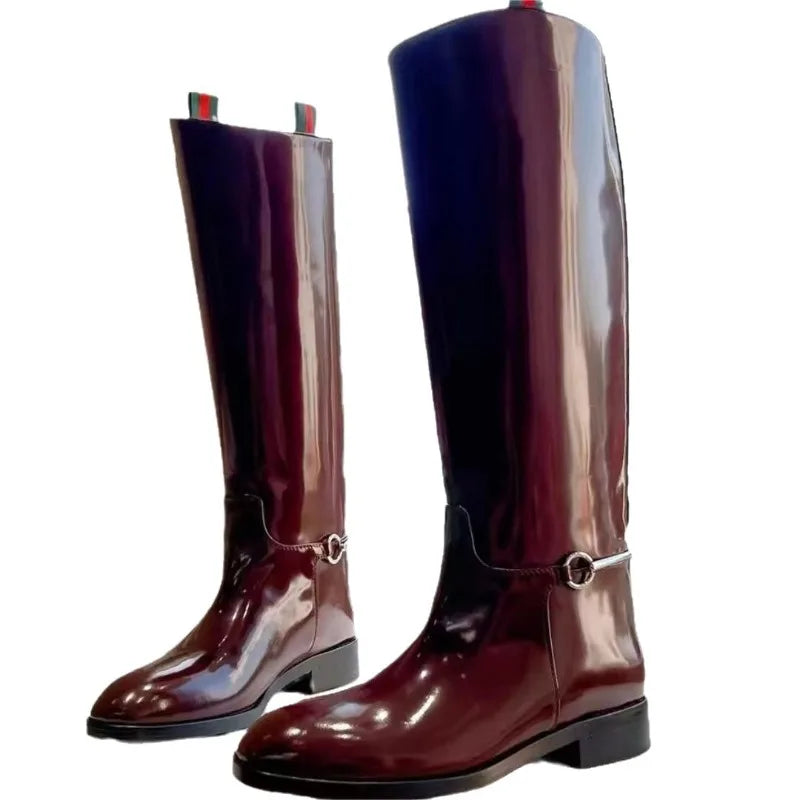Patent Leather Slip-On Knee-High Boots – Low Heel