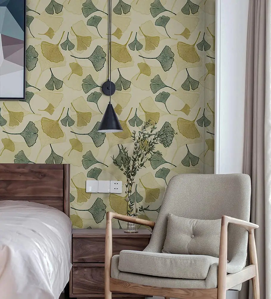 GINKGO LEAF PEEL & STICK WALLPAPER - Self-Adhesive PVC, 3 Roll Sizes - Calm Surfaces