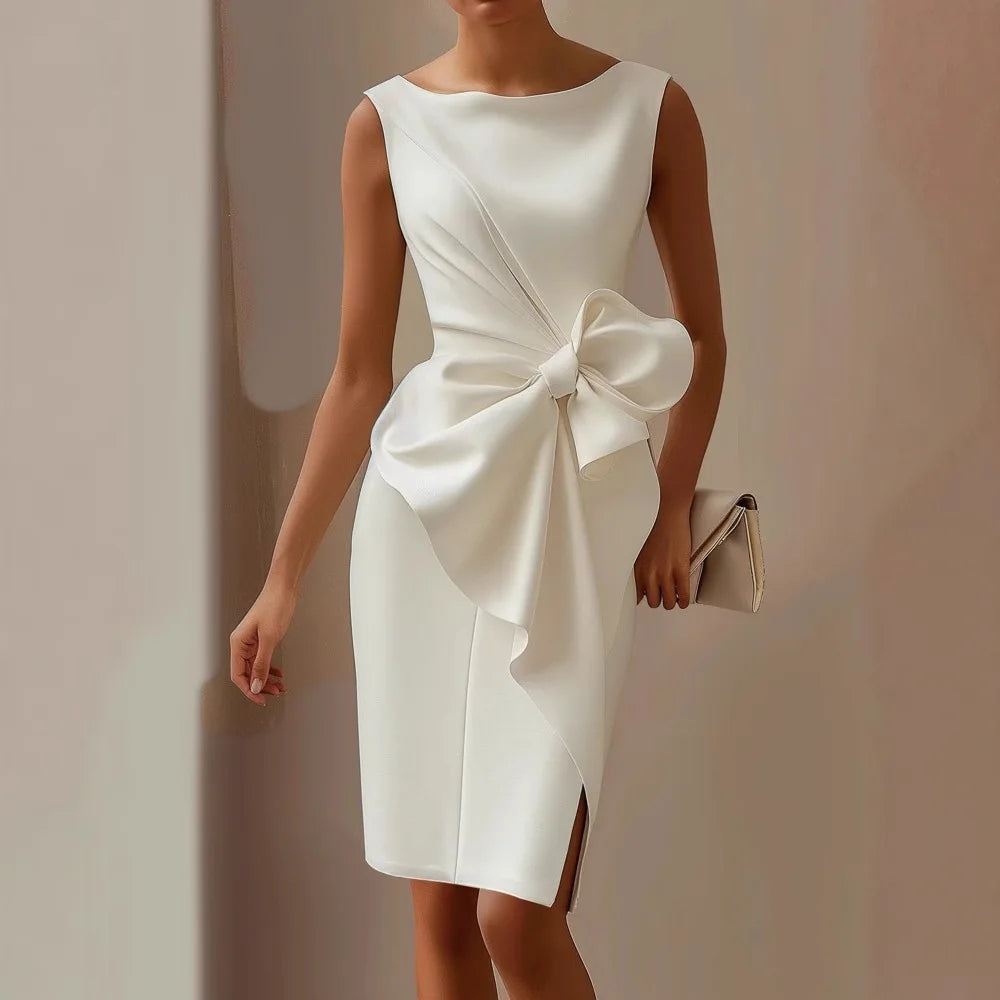 Elegant Solid Bow Dress For Women Fashion Sleeveless O Neck Slim Package Hip Dresses Lady Formal Evening Party Women's Clothing