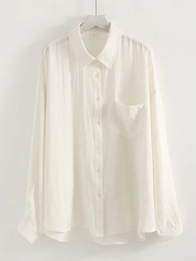 Streamgirl Summer White Linen Shirts For Women Oversized Long Sleeve Tops Lady Loose Basic Linen Tops Women Blue Shirts Oversize