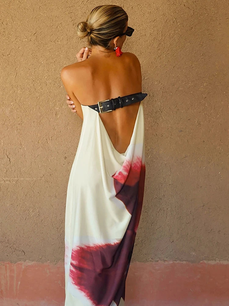 JULISSA MO Sexy Strapless Print Floral Belt Women Maxi Dress Yellow Backless Vacation Dress Summer Loose Elegant Party Beachwear