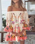 Women's Off Shoulder Ruffle Hem Mini Dress with Puff Sleeves and Floral/Feather/Tropical Print for Summer Beach or Party Wear