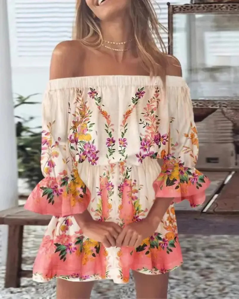 Women's Off Shoulder Ruffle Hem Mini Dress with Puff Sleeves and Floral/Feather/Tropical Print for Summer Beach or Party Wear