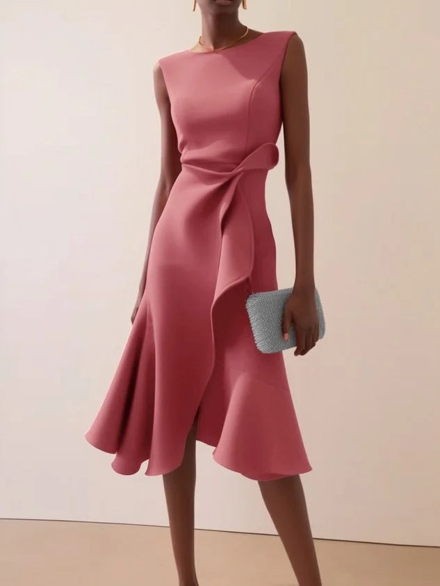 Women Sleeveless Solid Color Round Neck Midi Dress Elegant Slim Fit Formal Party Outfit Fashion 2025 New Arrival