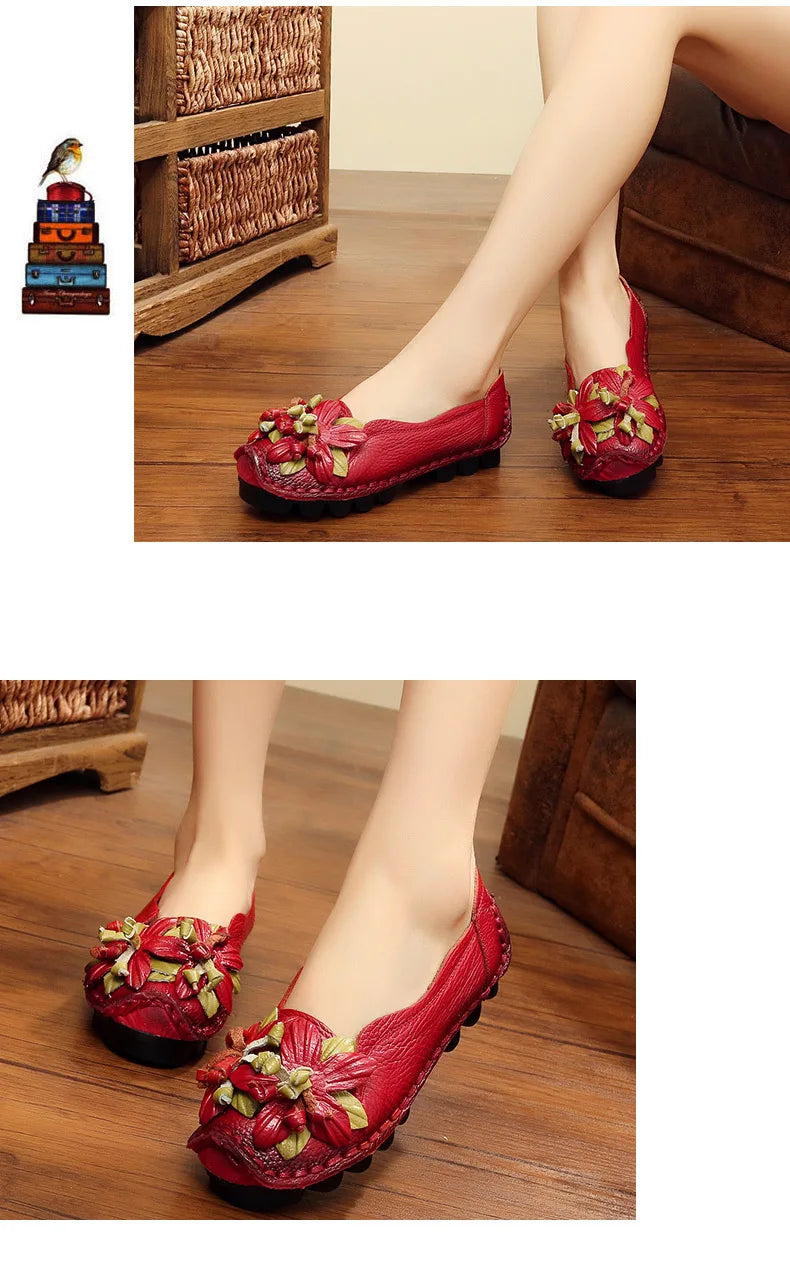 WOIZGIC Women Female Mother Ladies Genuine Leather Shoes Flats Loafers Non Slip On Flowers Retro Moccasins Plus Size 41 42