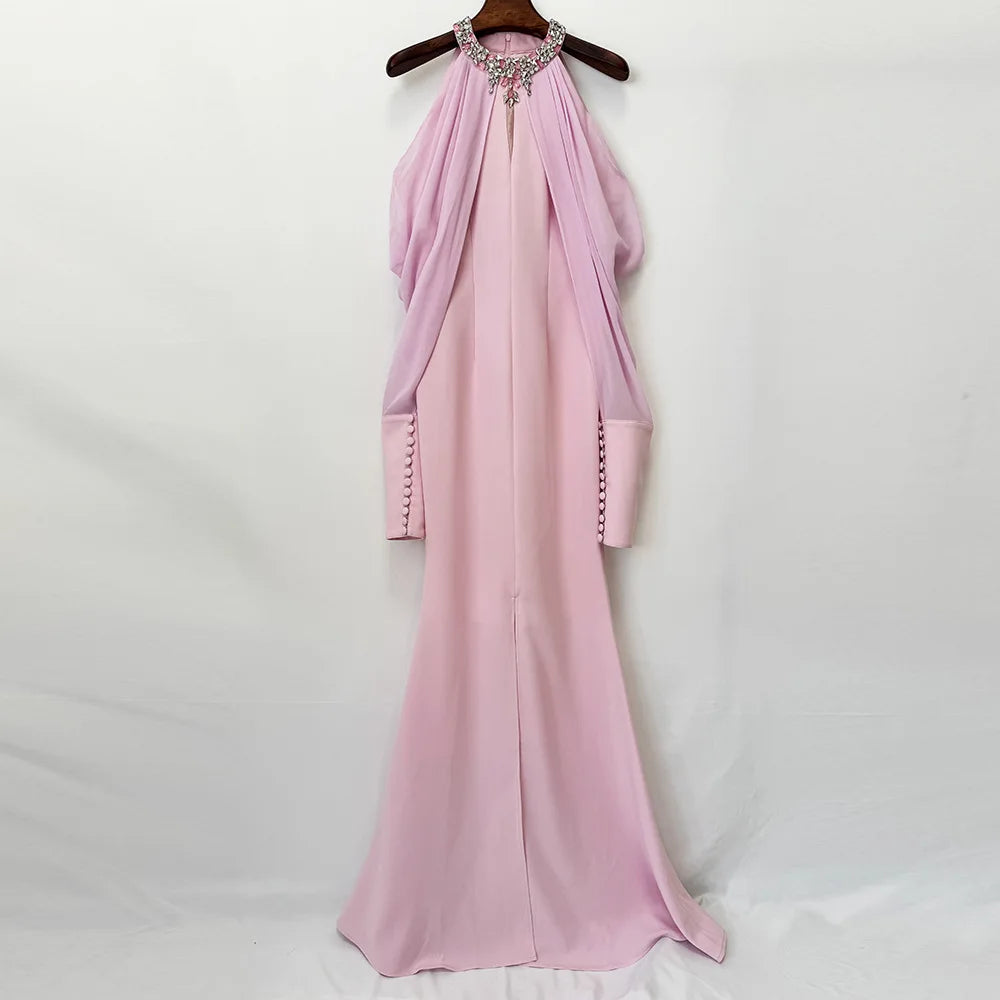 Beaded Evening Dress - Long Sleeves - Soft Elegance