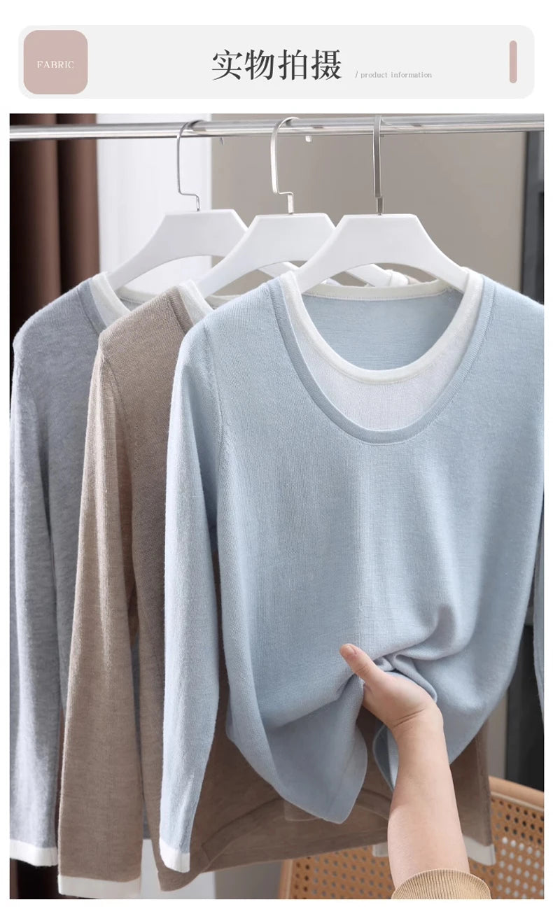 Casual Spring Autumn Women T-Shirts Merino Worsted Wool Female Knitted Pullover Long Sleeve Soft Clothing Tops Thin Outerwear