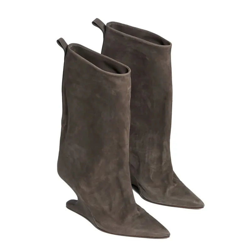 European andAmerican niche newstyle irregular sloping heel pointed sleeve legboots for women's temperament versatile knightboots