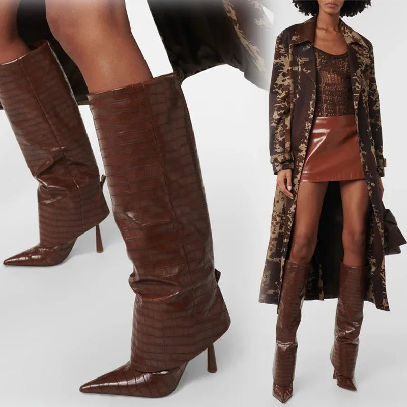 Knee-High Pointed Stiletto Boots – Stone Pattern & PU