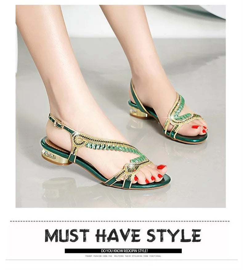 High-grade Rhinestones Fashion New Women's Summer Young Elegant Sandals Thick Heel Leisure Flat Bottomed Beach Sandals