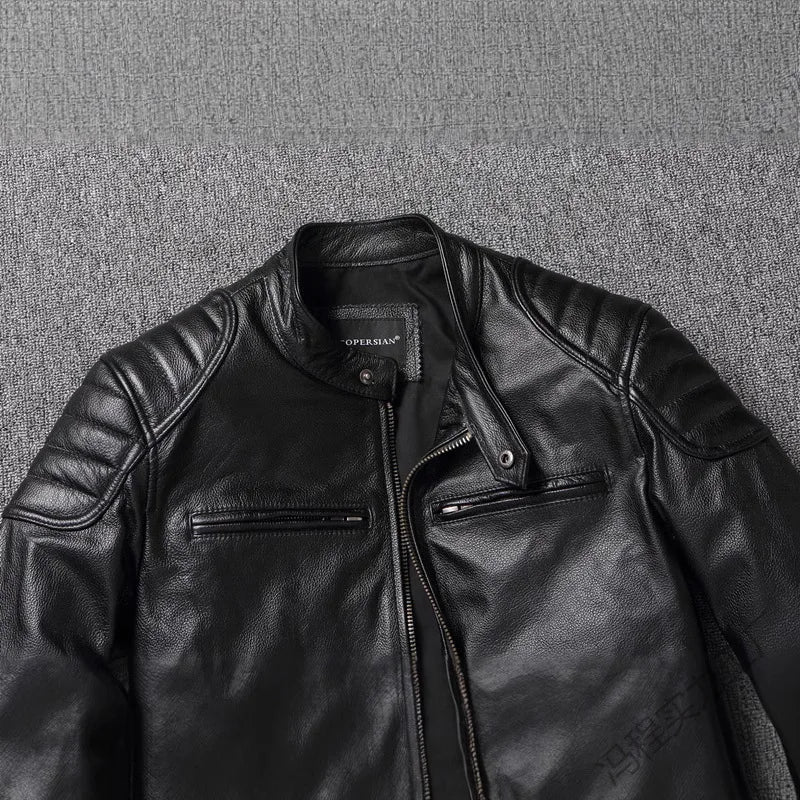 IRON ROAD - Men's Faux Leather Motorcycle Jacket - Retro Stand Collar Slim Windproof Coat