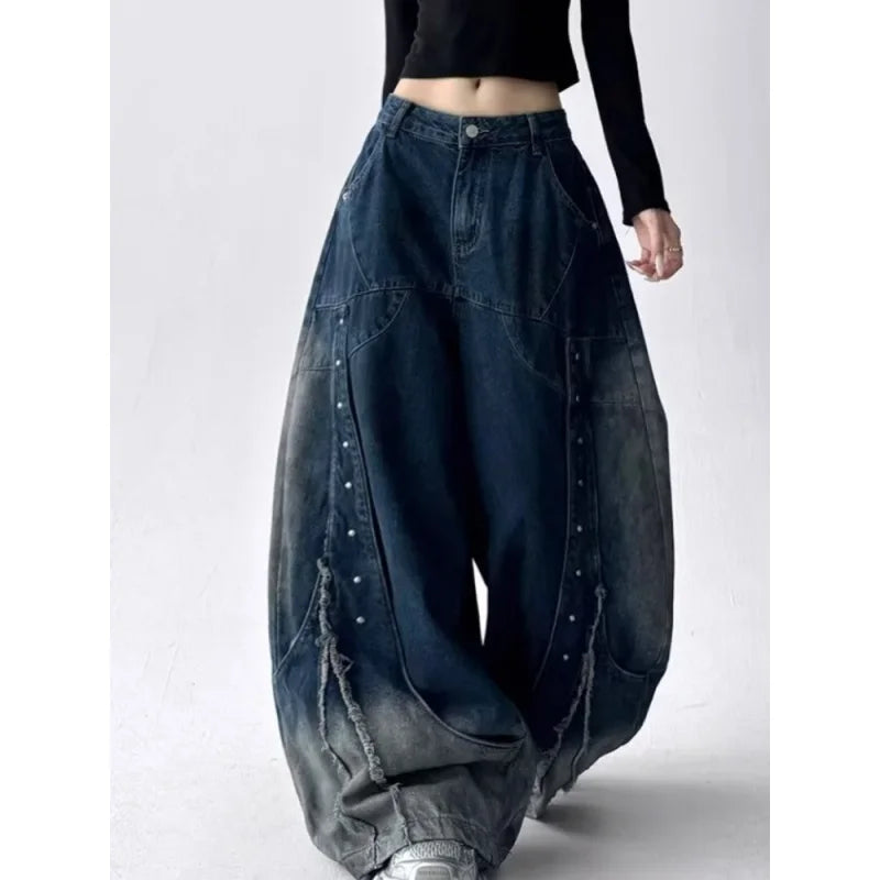 Y2K Patchwork Baggy Wide Leg Jeans - Vintage Wash