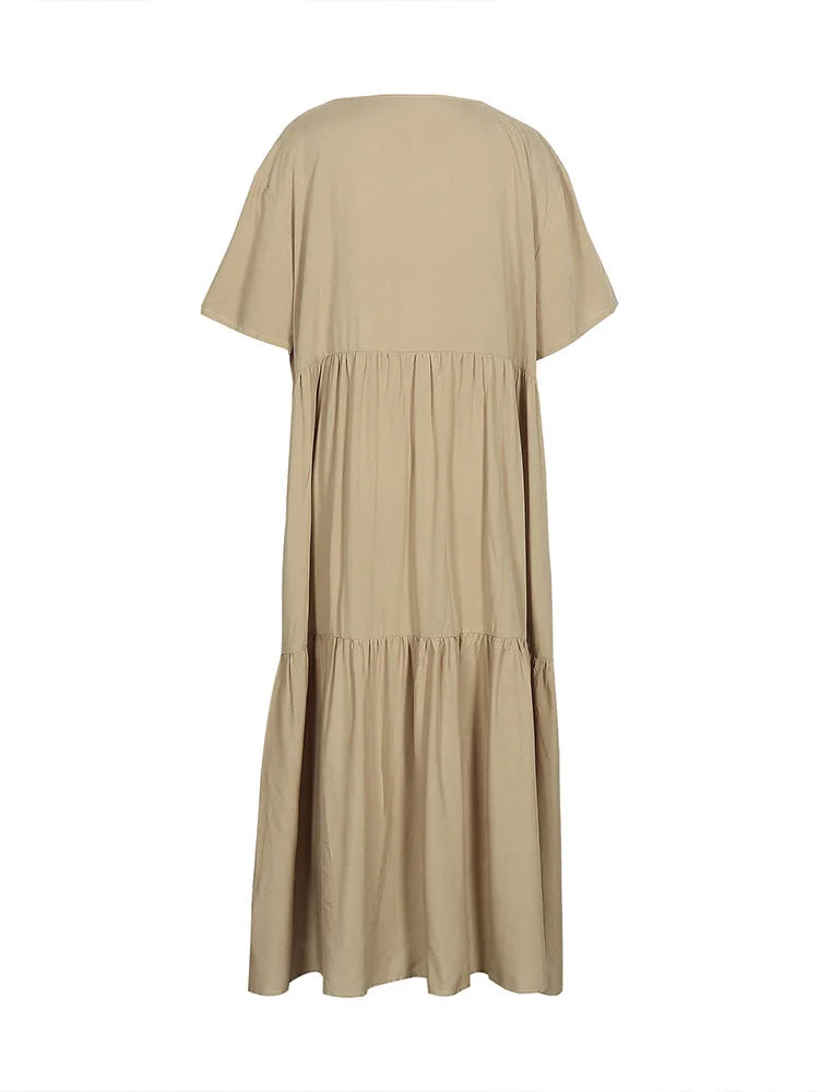 Plus Size 2025 Summer New V-neck Short Sleeve Pleated Solid Color Loose Casual Midi Dress Basic Hem Pleated