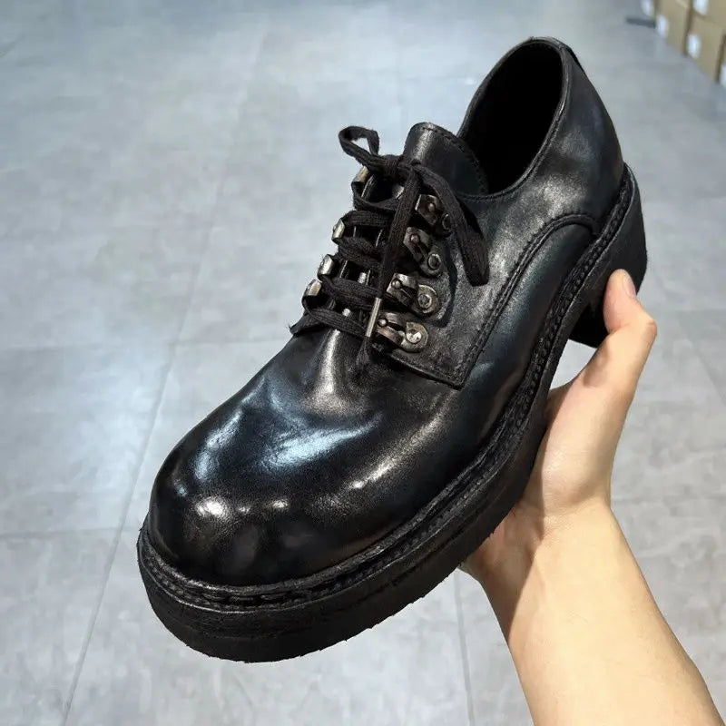 WASHED EDGE - Men's Hidden Height-Increase Washed Leather Derby Shoes - Waterproof Cowhide Lace-Up Casual Business
