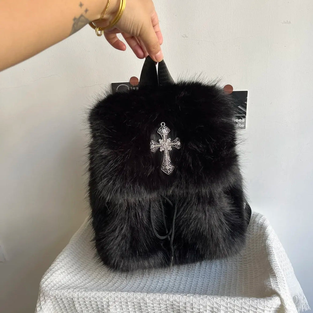 Black Plush Backpack Y2K Gothic Cross Fluffy Fur Backpack