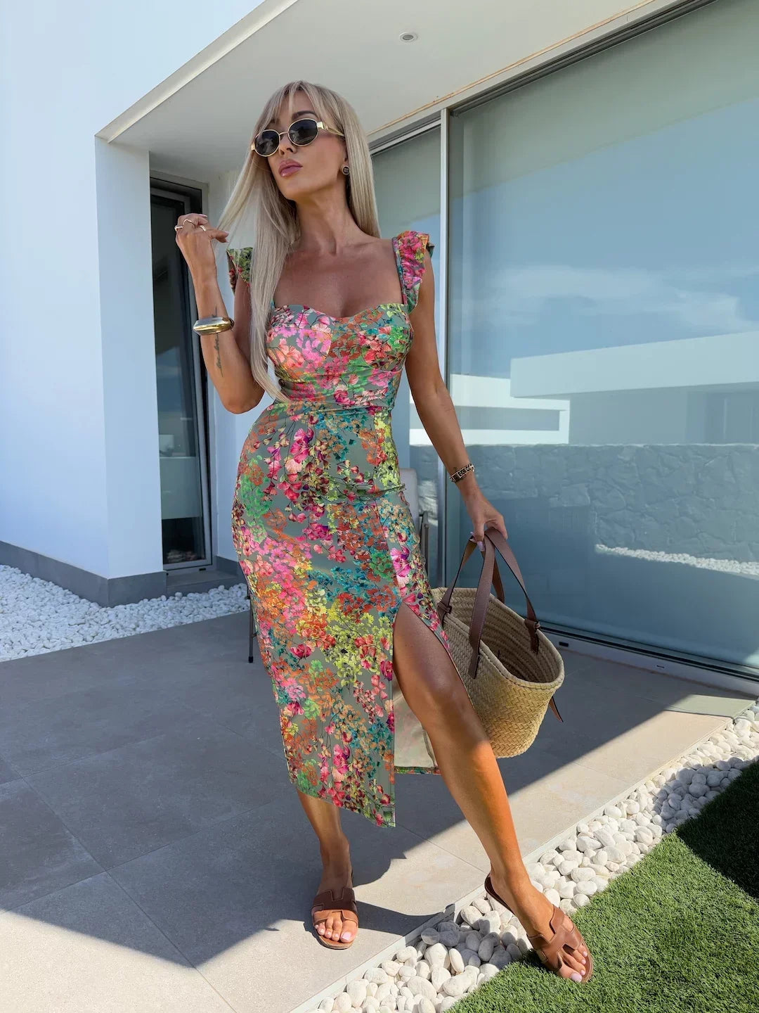 Women's Floral Ruffled Midi Dress Square Neck Side Slit Ideal for Summer Vacations Beach Outings Bohemian Styles