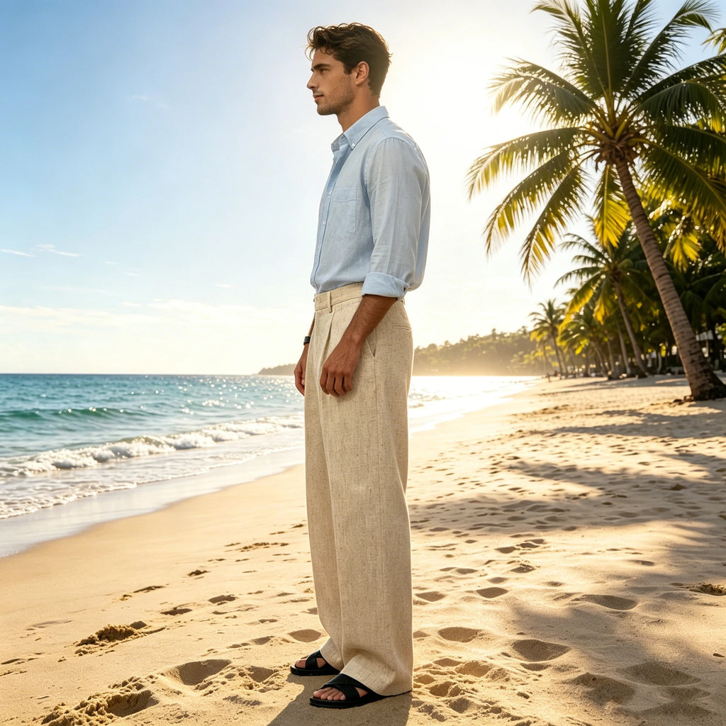 Men's Linen Wide Leg Pants High Waist Casual Loose Fit Straight Leg Suit Trousers Holiday Beach Daily Office Wear
