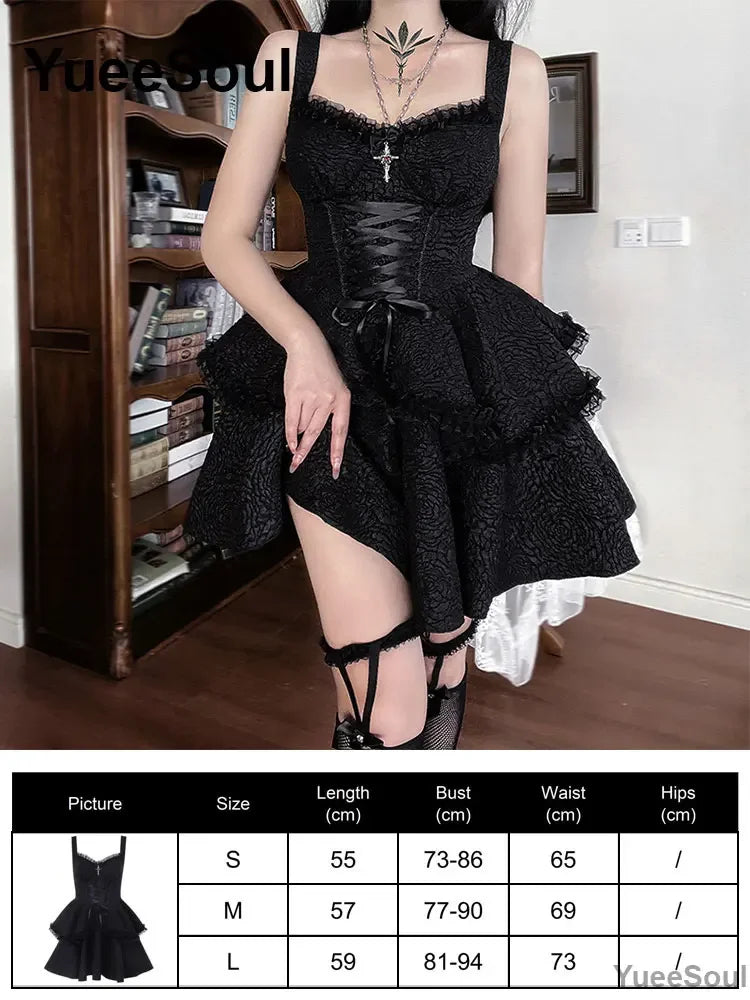 Grunge Gothic Women Dress Lace Trim High Waist Bodycon Mini Dress 2026 New E-girl Vintage Punk Harajuku Lolita Party Clothes