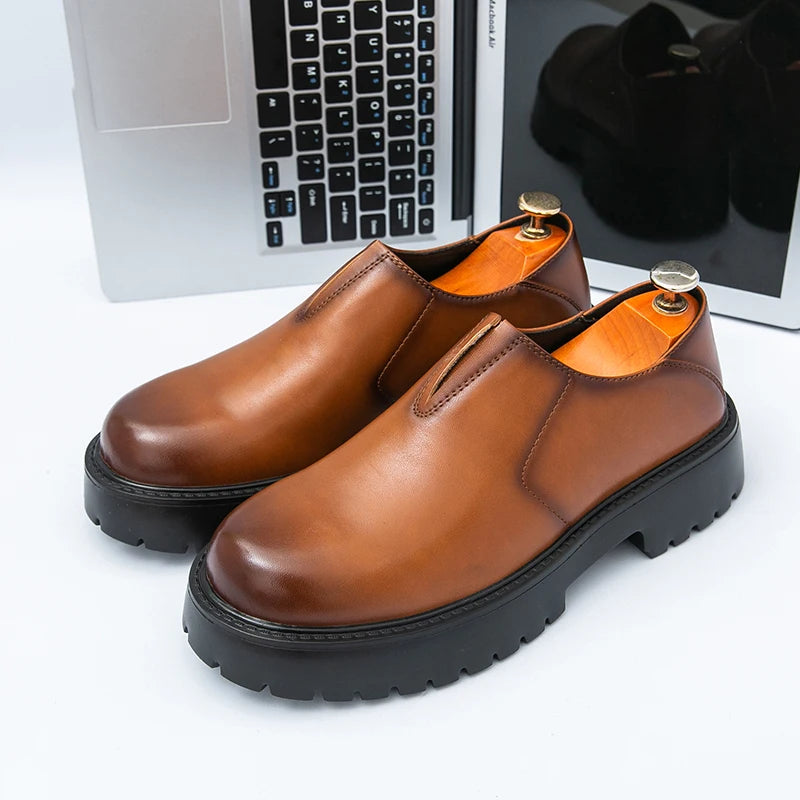Men's Cowhide Loafers - Thick Sole Round Toe Breathable Casual Leather Shoes