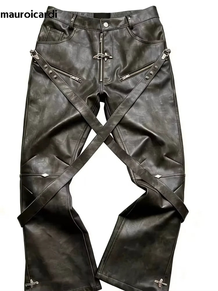 DARK MATTER - Men's Distressed Washed Faux Leather Pants - Punk Straight Trousers