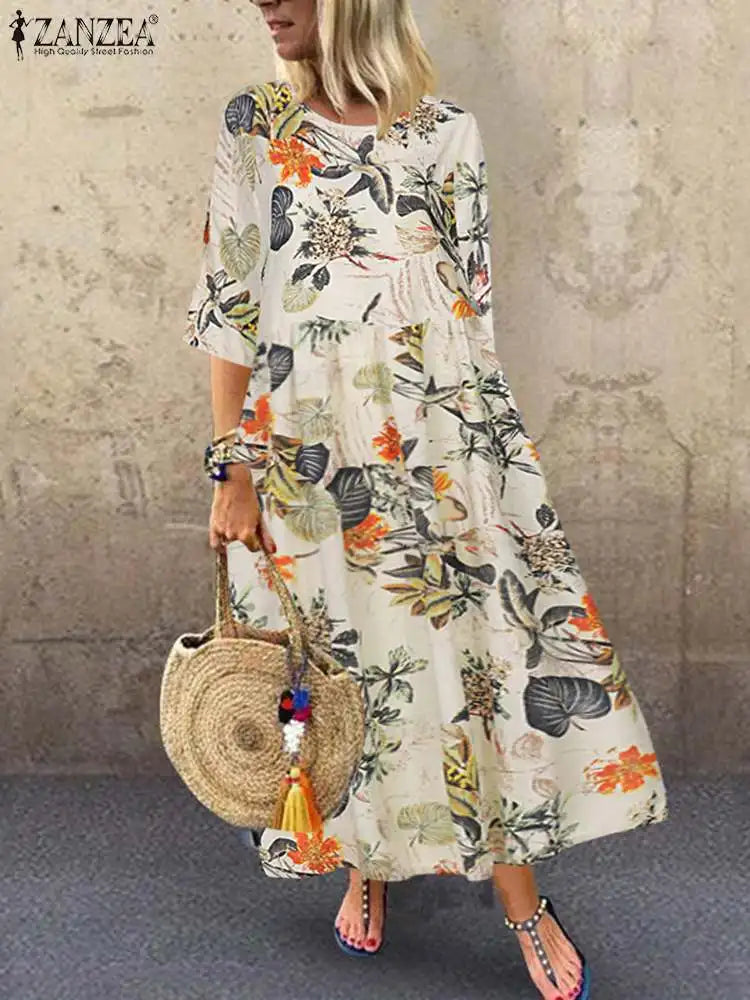 Women's Summer Short Sleeve Sundress ZANZEA Woman Floral Printed Dress Bohemian Elegant Casual Oversized  Holiday Long Dresses