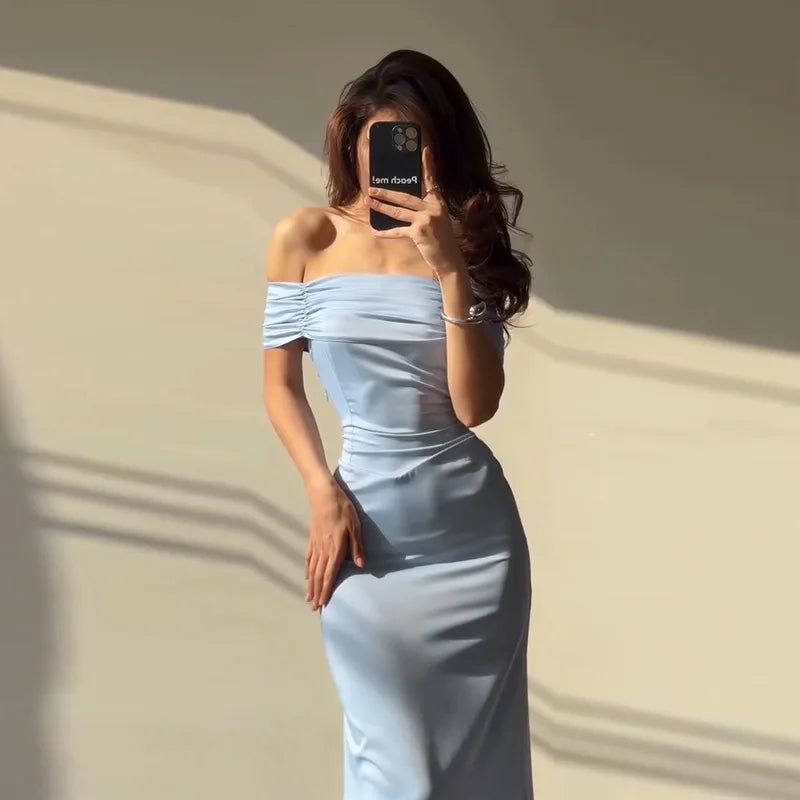 Retro Off-the-shoulder Panel Design Back Bandage Yellow Satin A-line Skirt Luxury Slim Folds Long Dress Party Prom Vestidos Robe