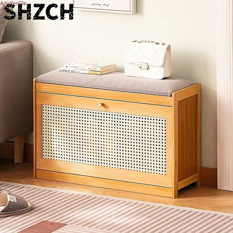 Bamboo Shoe Bench with Cushion
