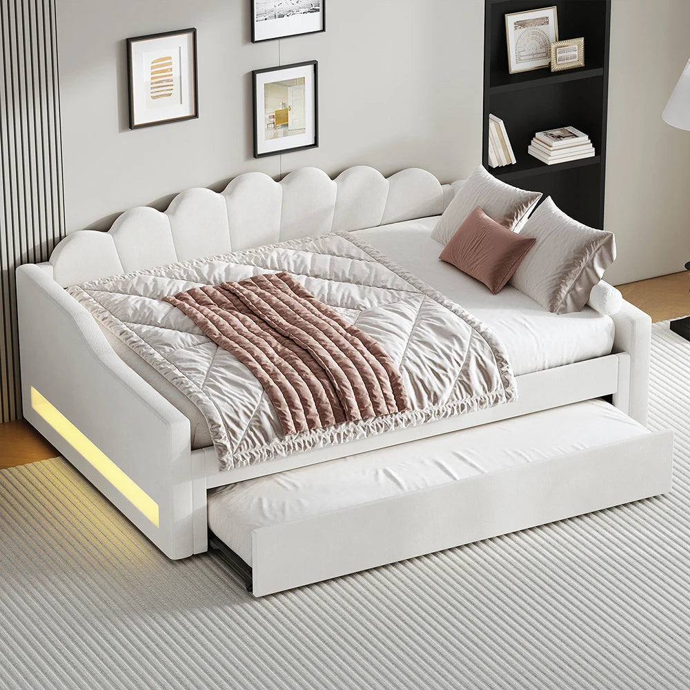 DAYBREAK - Linen Daybed with Pull-Out Bed - LED, 140x200cm, Ships from Germany