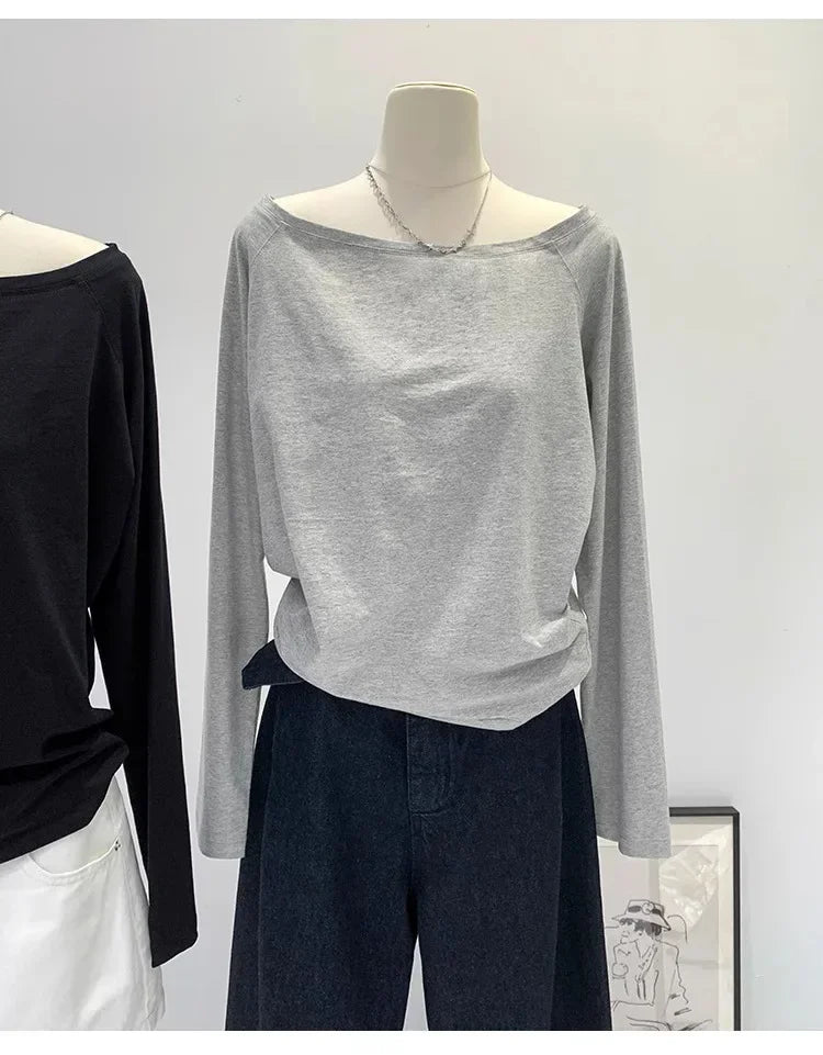 Autumn Winter One Shoulder Cotton Long Sleeve Slant Shoulder Women's Clothing Style Interior Wide Truffle Shoulder Base Shirt
