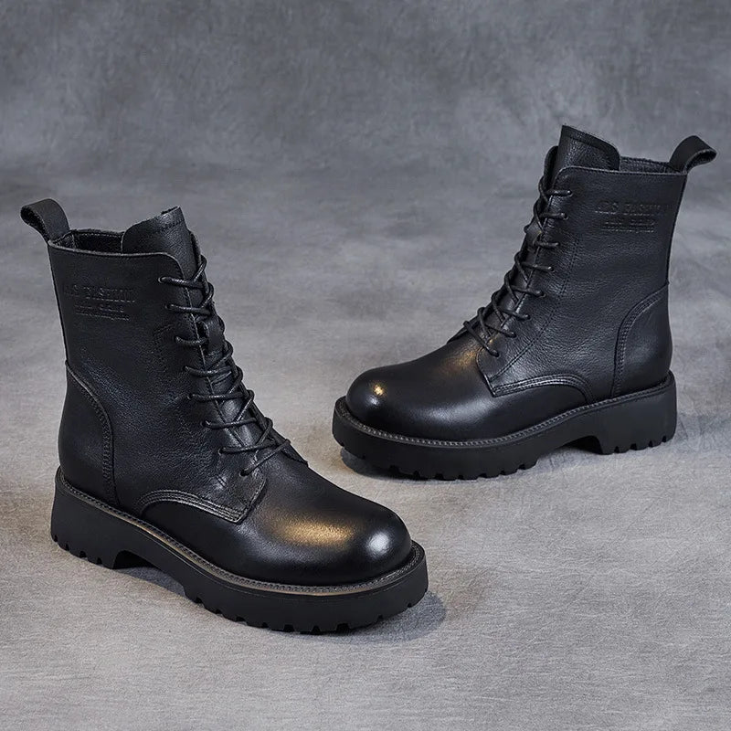 Handmade Cow Leather Mid-Calf Boots – Retro British