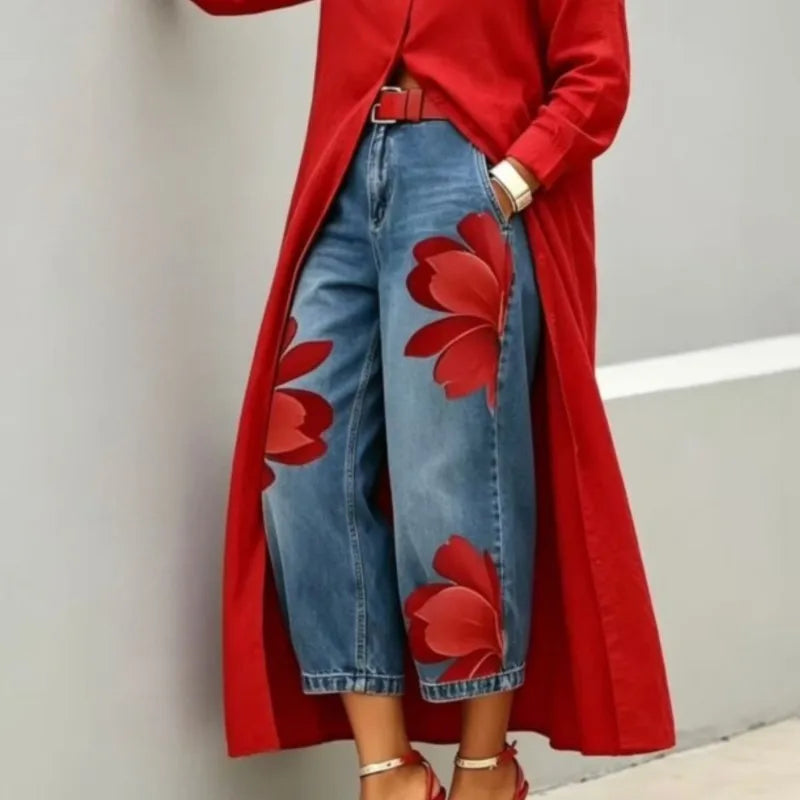 Floral Print Wide Leg Jeans - High Waist