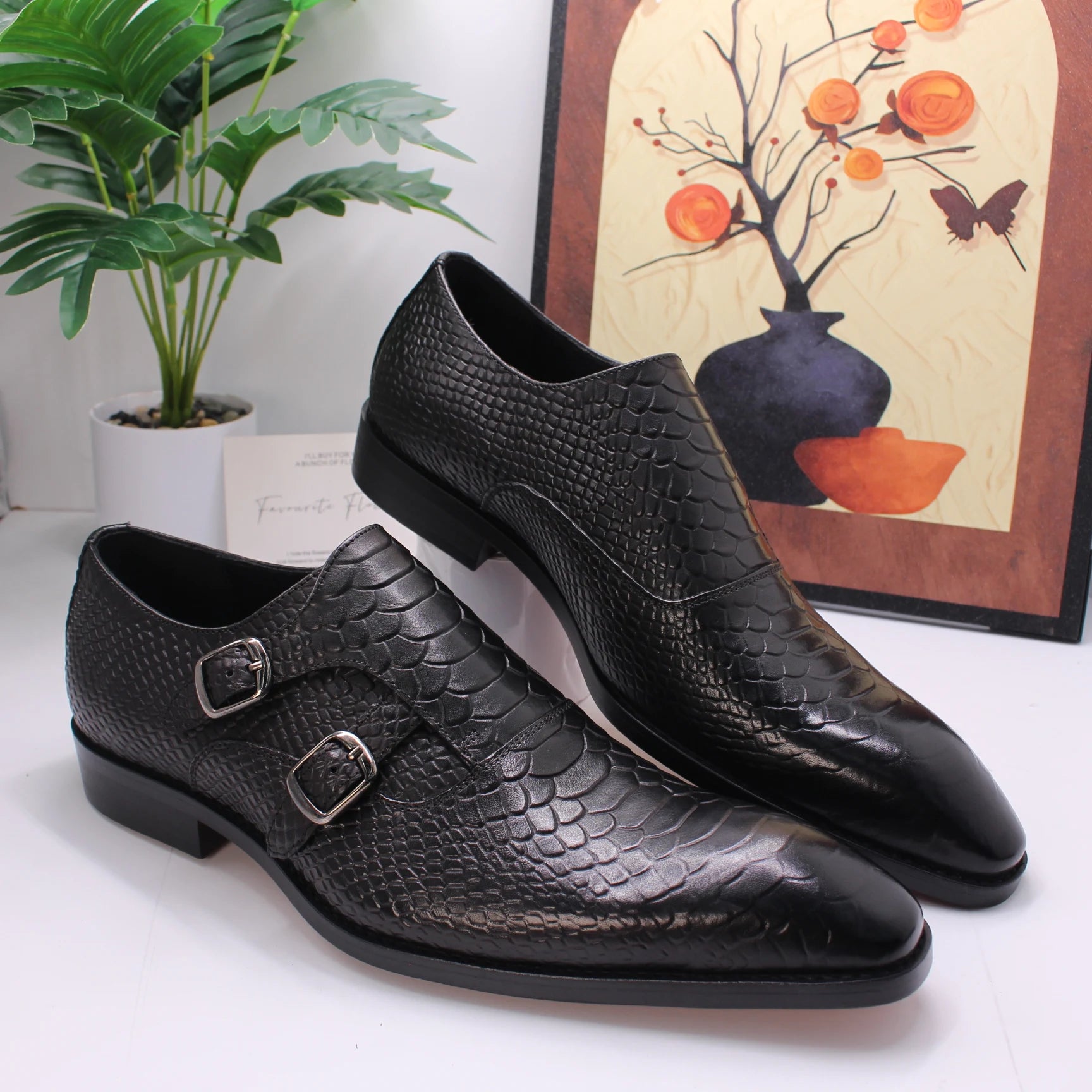 CROCODILE GRAIN DRESS SHOES - Men's Handmade Cow Leather Lace-Up Brogue Business Shoes Waterproof - Black & Red