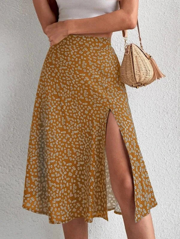 Spring and Summer New Women's Versatile Floral Zipper Split A-Line Skirt