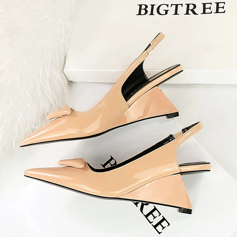 Patent Leather Wedge Pumps – Pointed Toe Hollow Back Strap