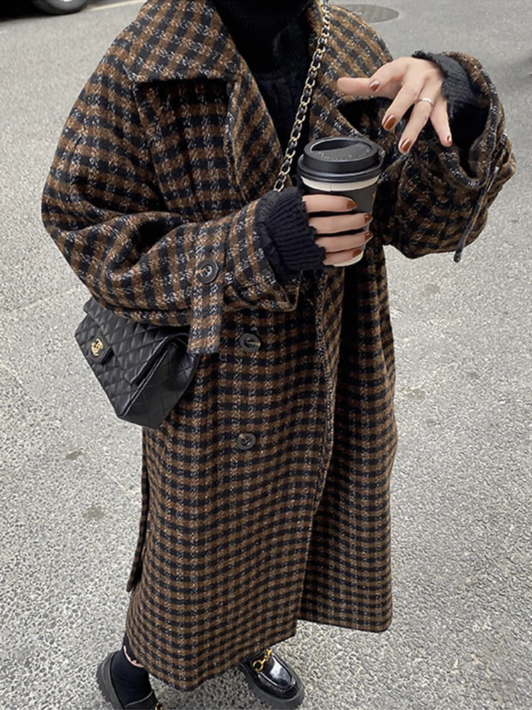 Plaid Woolen Coat – Long Double Breasted Loose Fit