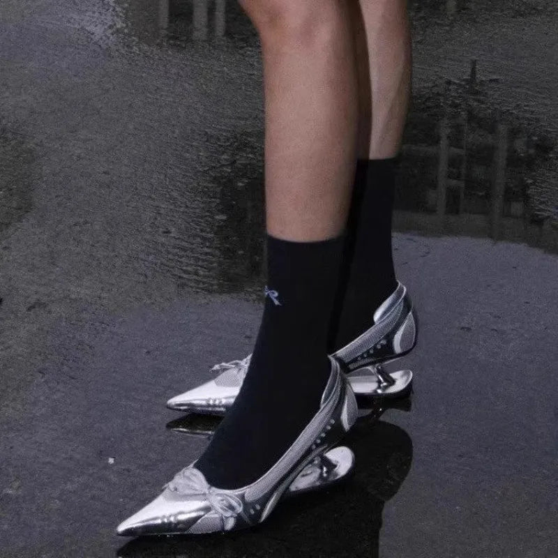 New Bow Mary Jane Sport Retro Pointed Toe Shallow Mouth Splice Surface Suspension Heel Anti-Slip Wear-Resistant High Heels