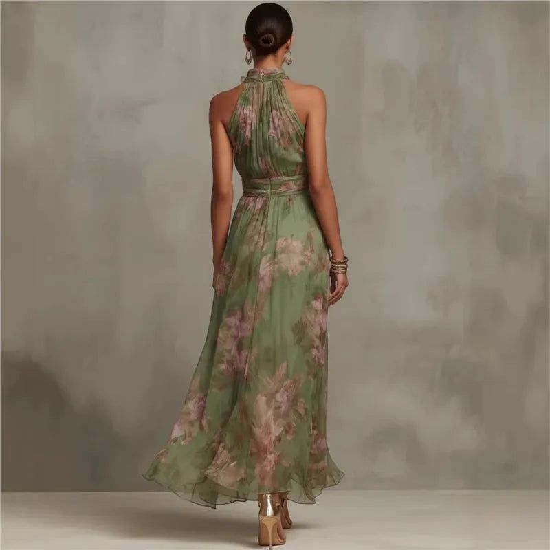 Women's Green Floral Print Halter Maxi Dress Sleeveless High Neck Ruched Waist Chiffon Flowy Evening Party Dress