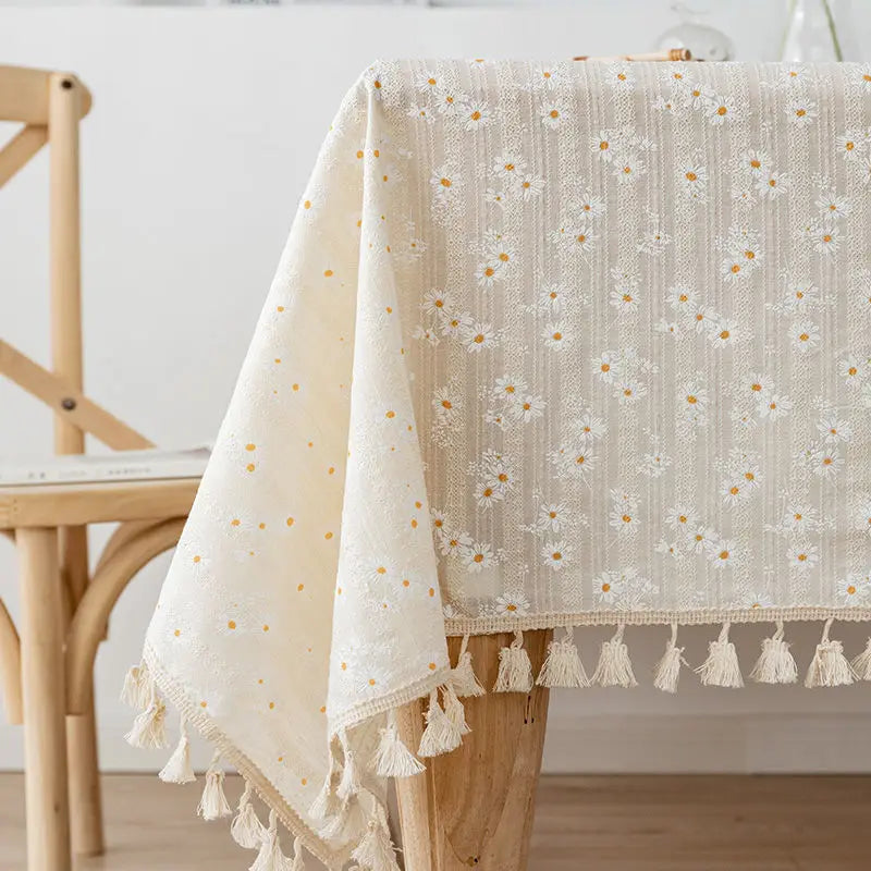 DAISY FLORAL COTTON TABLECLOTH - Embroidered, 11 Styles, Round & Rectangle - Garden Table