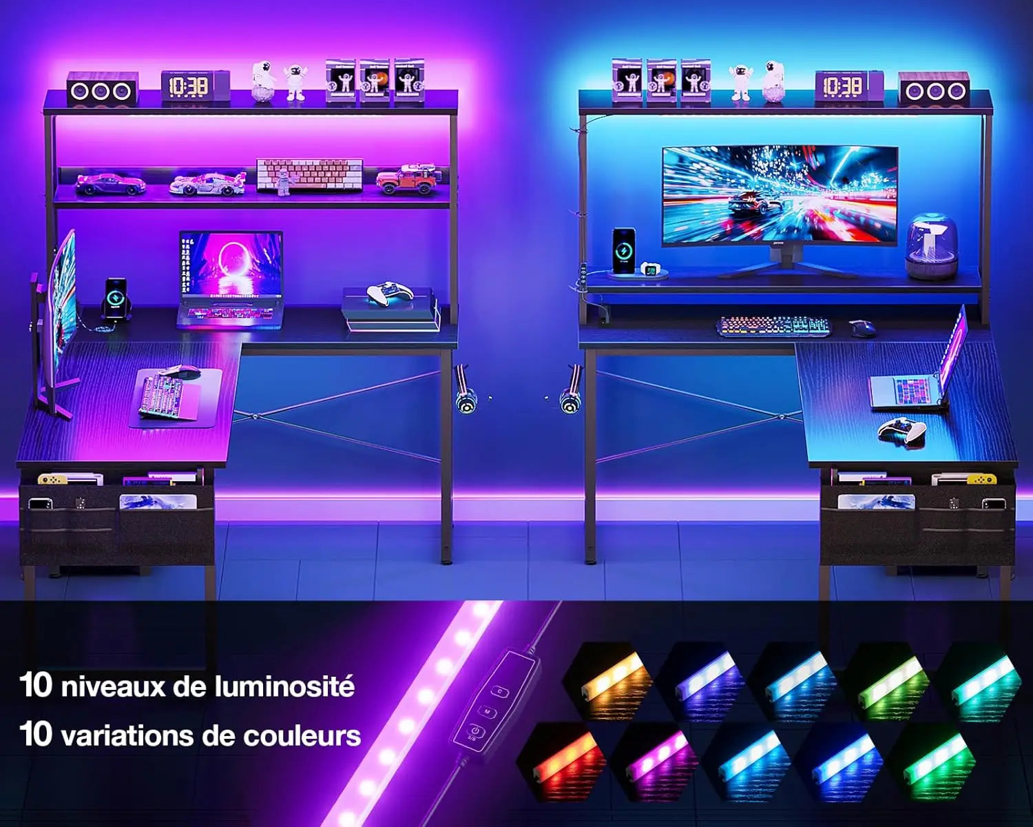 COLESHOME L-DESK - L-Shaped Gaming Desk 110x80cm LED + Plugs - Corner Taken. Game On.