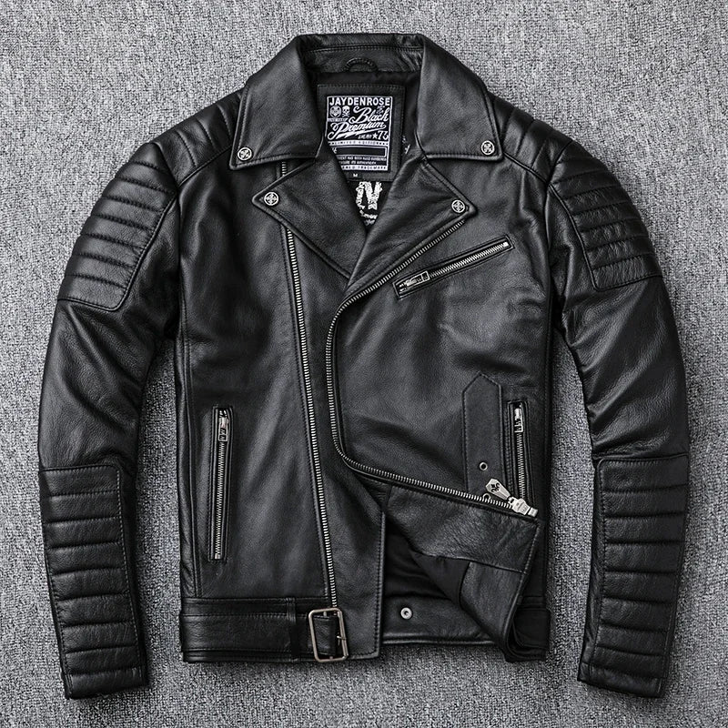 COWHIDE BIKER - Men's 100% Genuine Cowhide Leather Biker Jacket - Black, M–5XL