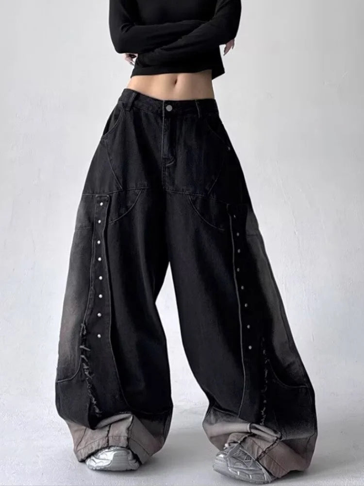 Y2K Patchwork Baggy Wide Leg Jeans - Vintage Wash