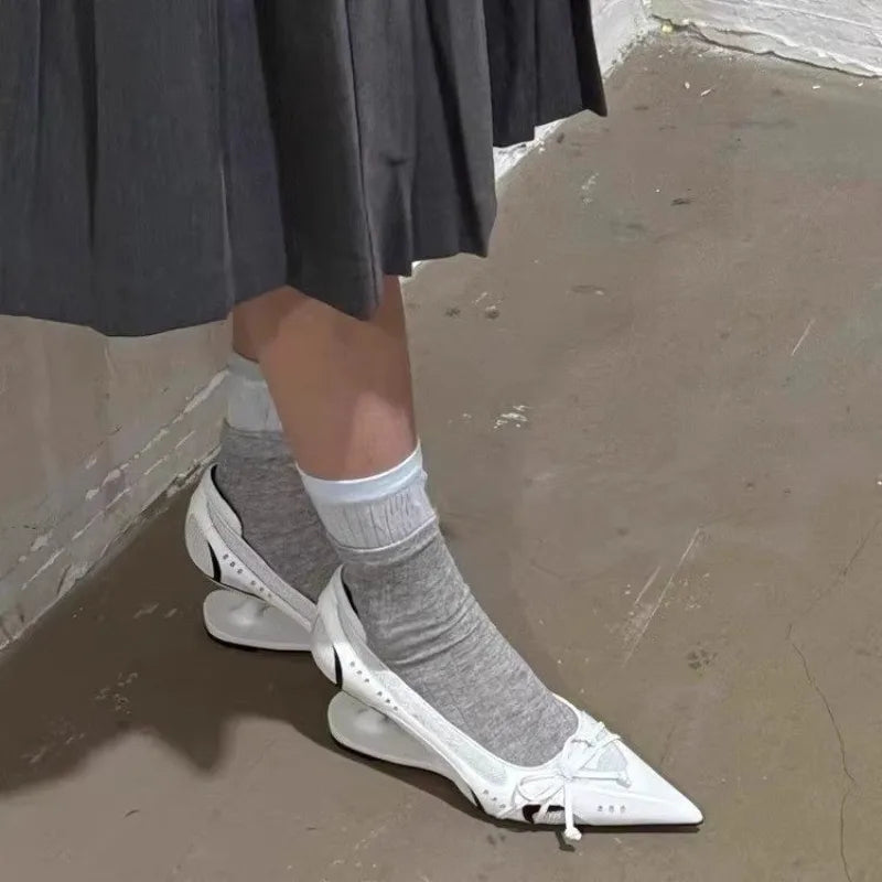 New Bow Mary Jane Sport Retro Pointed Toe Shallow Mouth Splice Surface Suspension Heel Anti-Slip Wear-Resistant High Heels