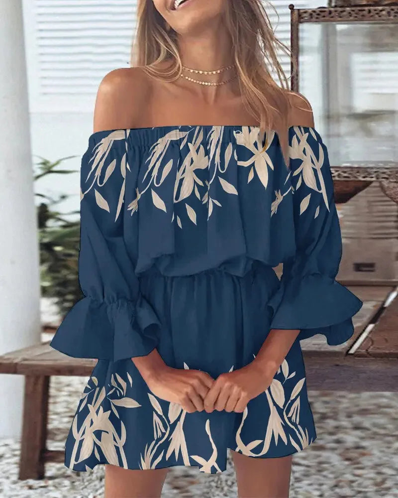 Women's Off Shoulder Ruffle Hem Mini Dress with Puff Sleeves and Floral/Feather/Tropical Print for Summer Beach or Party Wear