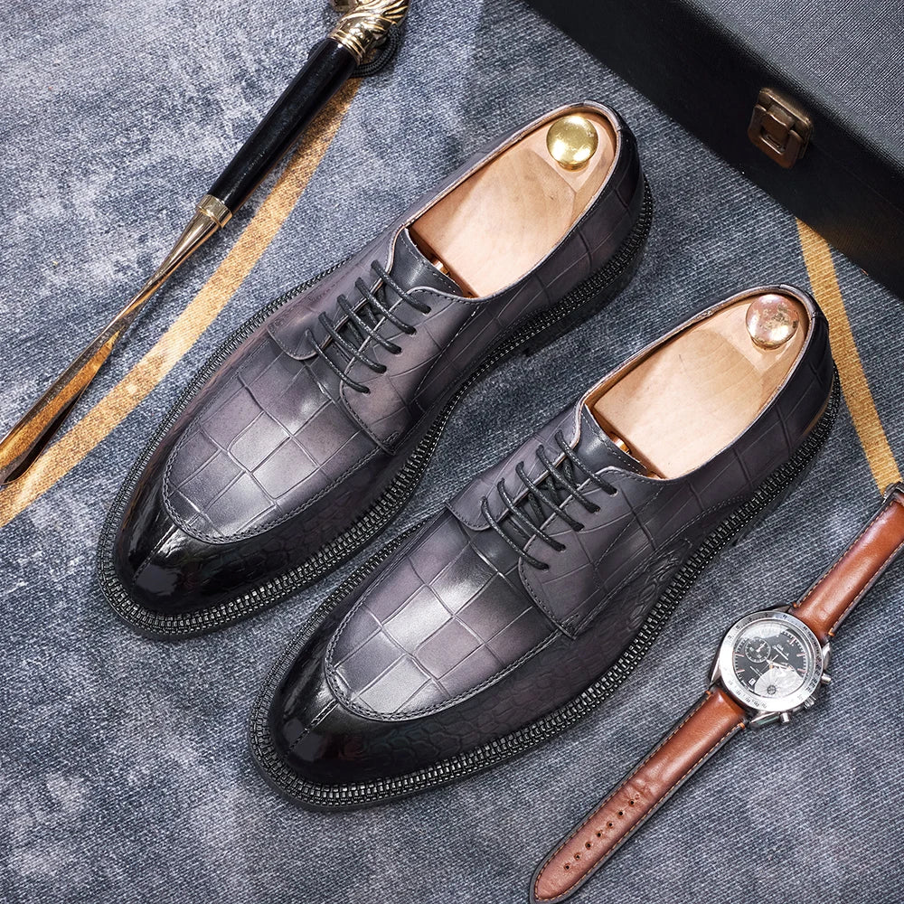 CROCODILE OXFORD DRESS SHOES - Men's Genuine Cowhide Height-Increasing Lace-Up - Elegant Wedding & Office